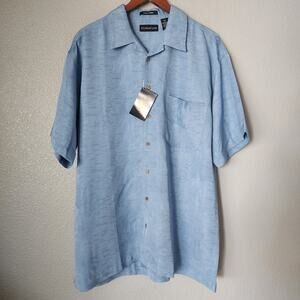 Ultra Club  Cabana Breeze Caribbean Palm Print Tropical Blue Button Up Shirt